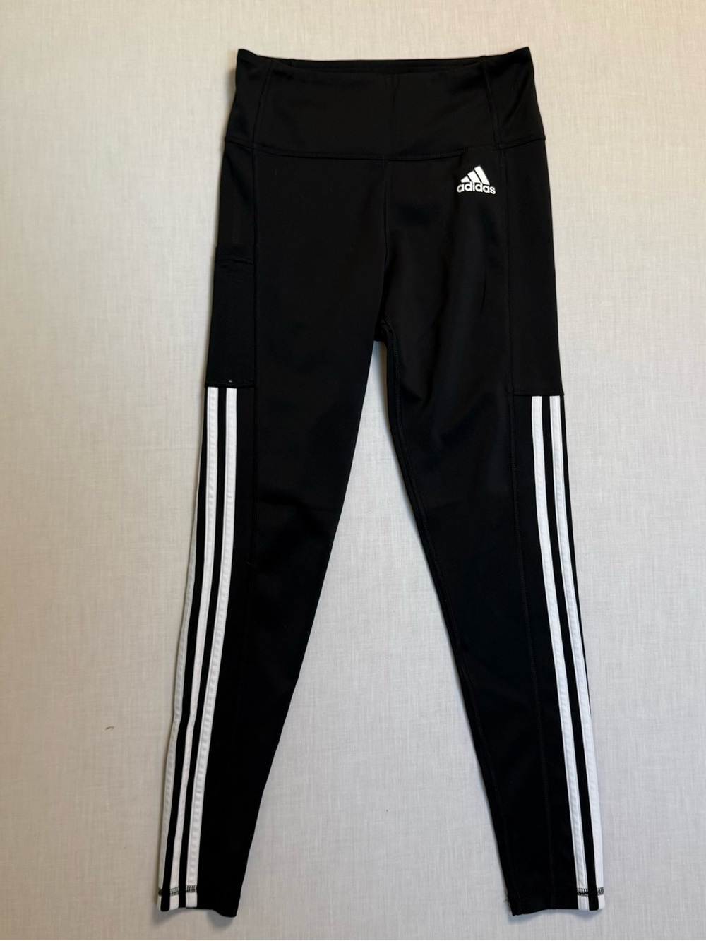 Women’s adidas Black Track Leggings with White Three-Stripe Side Panels and Logo